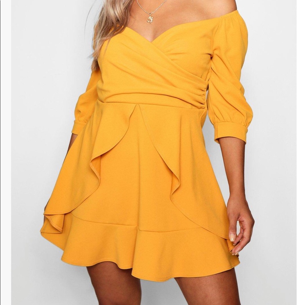 Boohoo Mustard Ruffle Skater Dress.
